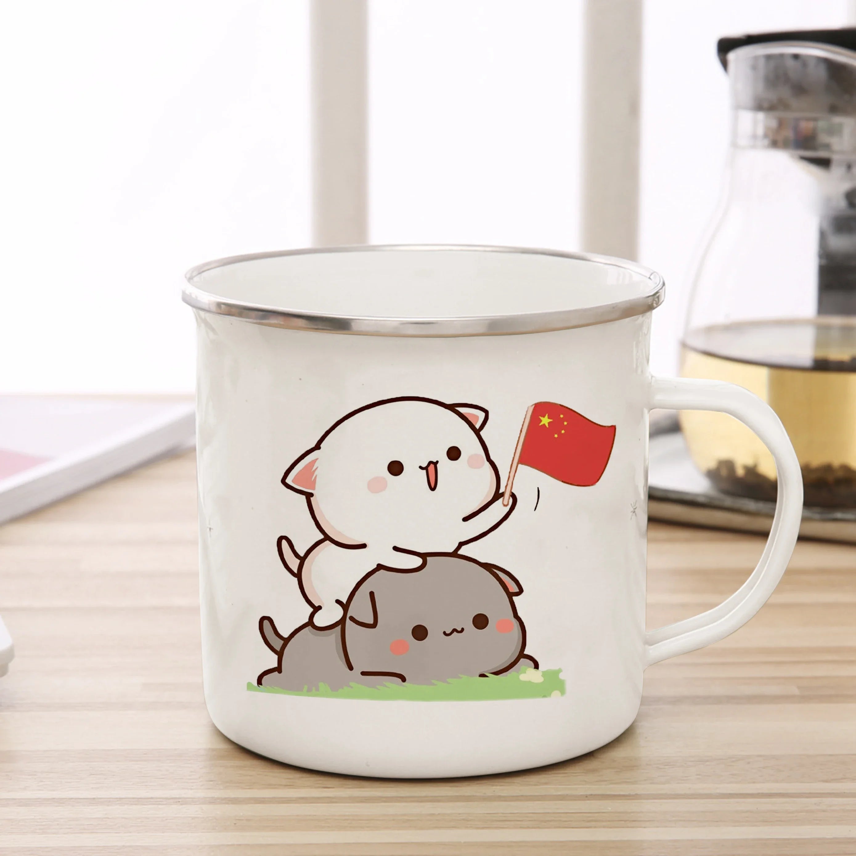 New Peach and Goma cat Enamel cup Coffee tea Mug cute animal Breakfast Dessert milk water cup couple gift