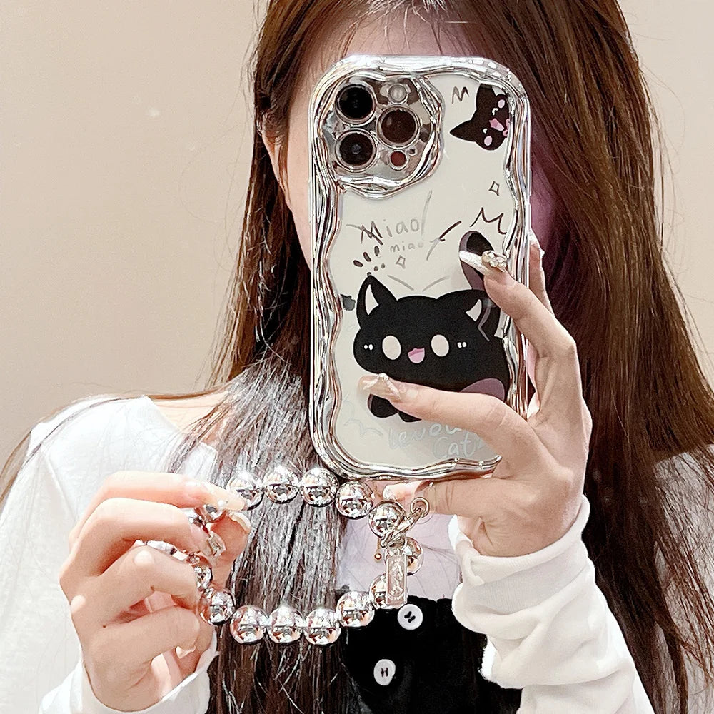 Bead Bracelet Chain Phone Case For iPhone 15 14 13 12 11 Pro Max 14 15 Plus XS Max XR Cute Cat Luxury Plating Silver Cover