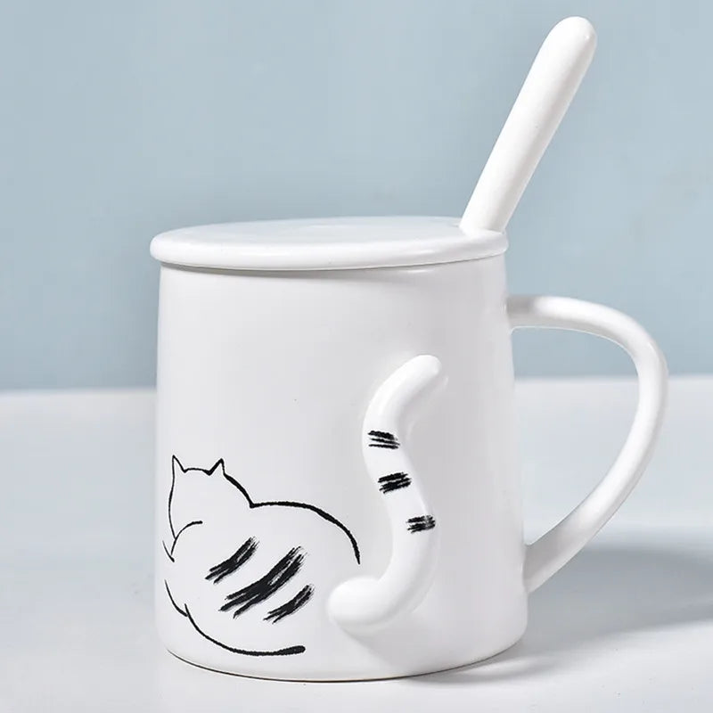 380ml Cute Cat Ceramic Mug With Spoon And Lid Creative Relief Coffee Tea Milk Breakfast Cups With Handle Novelty Gifts