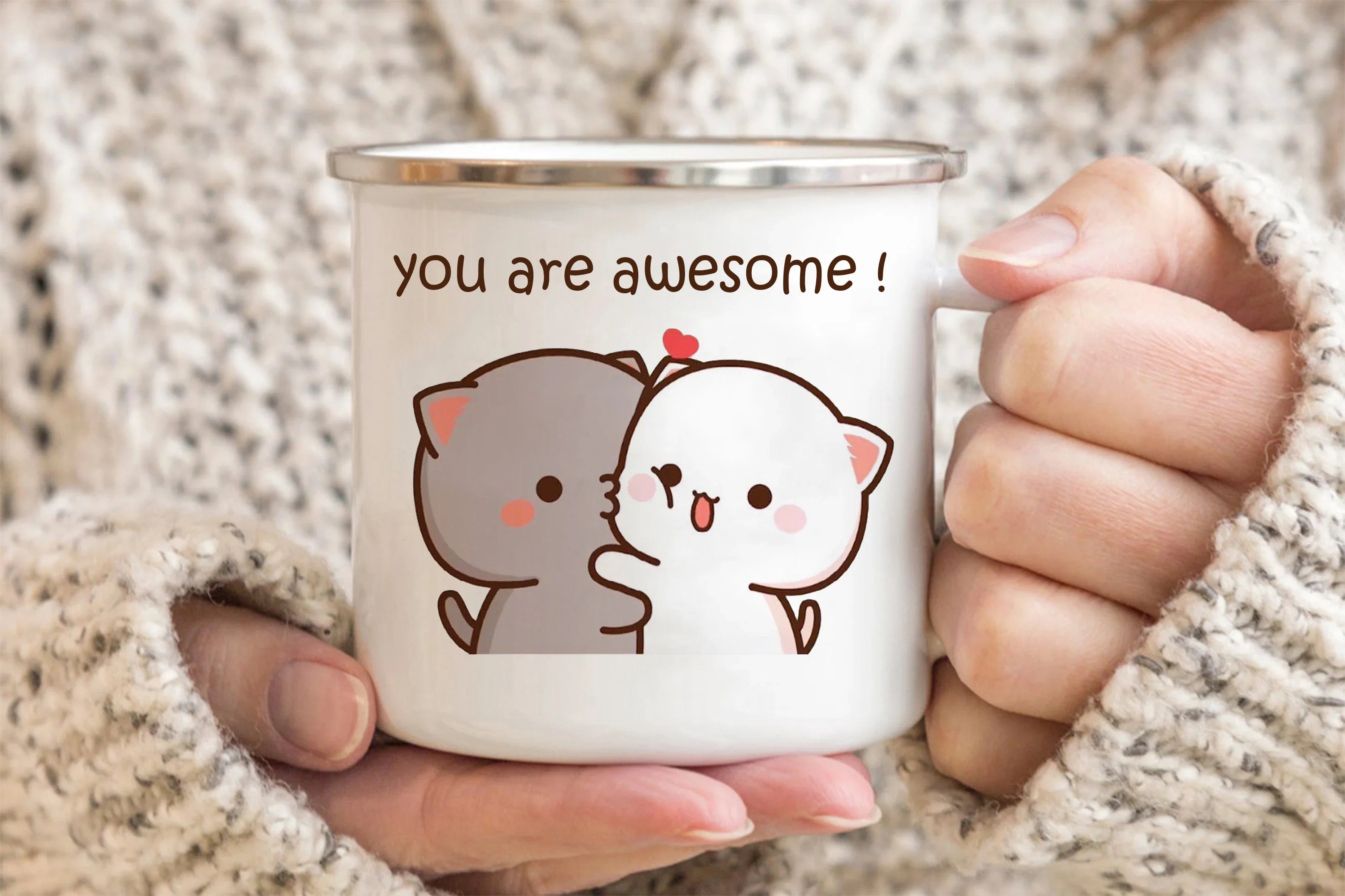 New Peach and Goma cat Enamel cup Coffee tea Mug cute animal Breakfast Dessert milk water cup couple gift