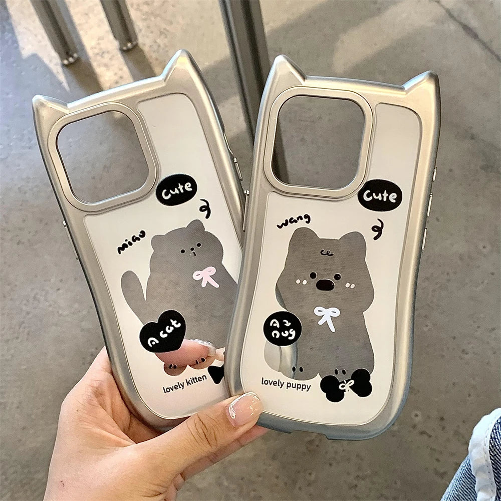 Korean Cartoon 3D Cat Ears Puppy Clear Plating Phone Case For iphone 15 14 13 12 Pro Max Cute Anti-Drop Shockproof Back Cover