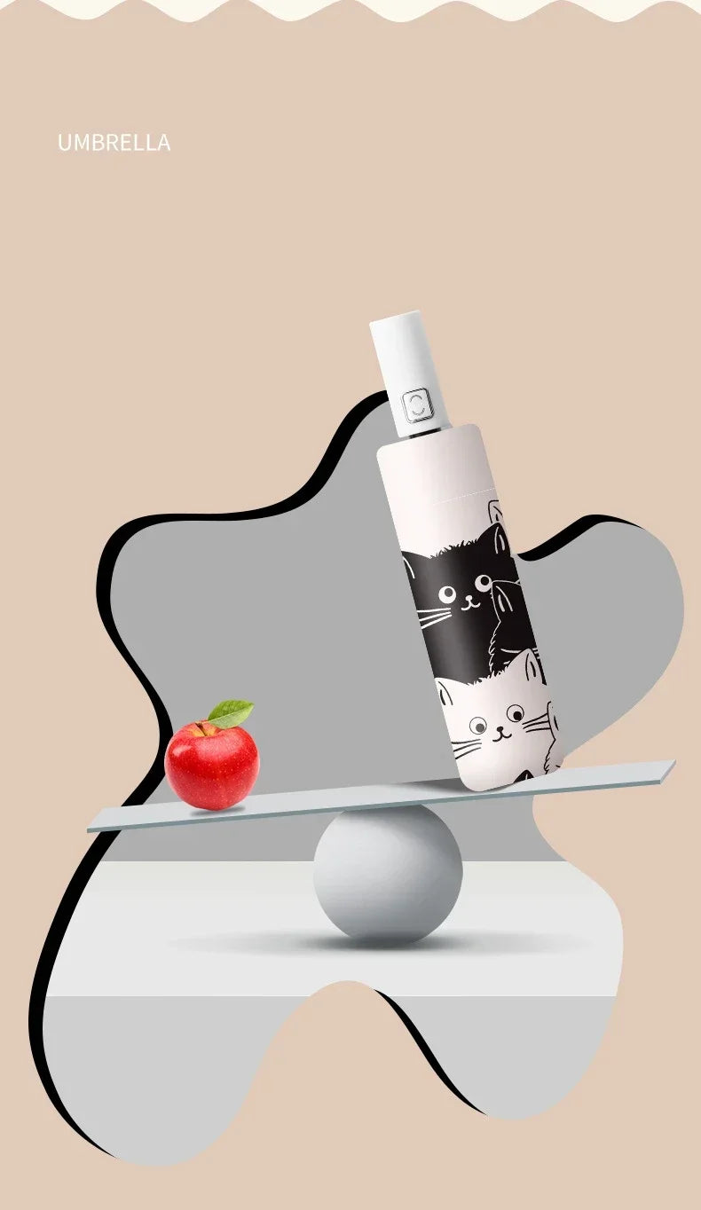 1pc Simple Cartoon Kittens Printed Black And White Automatic Umbrella, Sunny And Rainy Dual-use UV Protection Umbrella