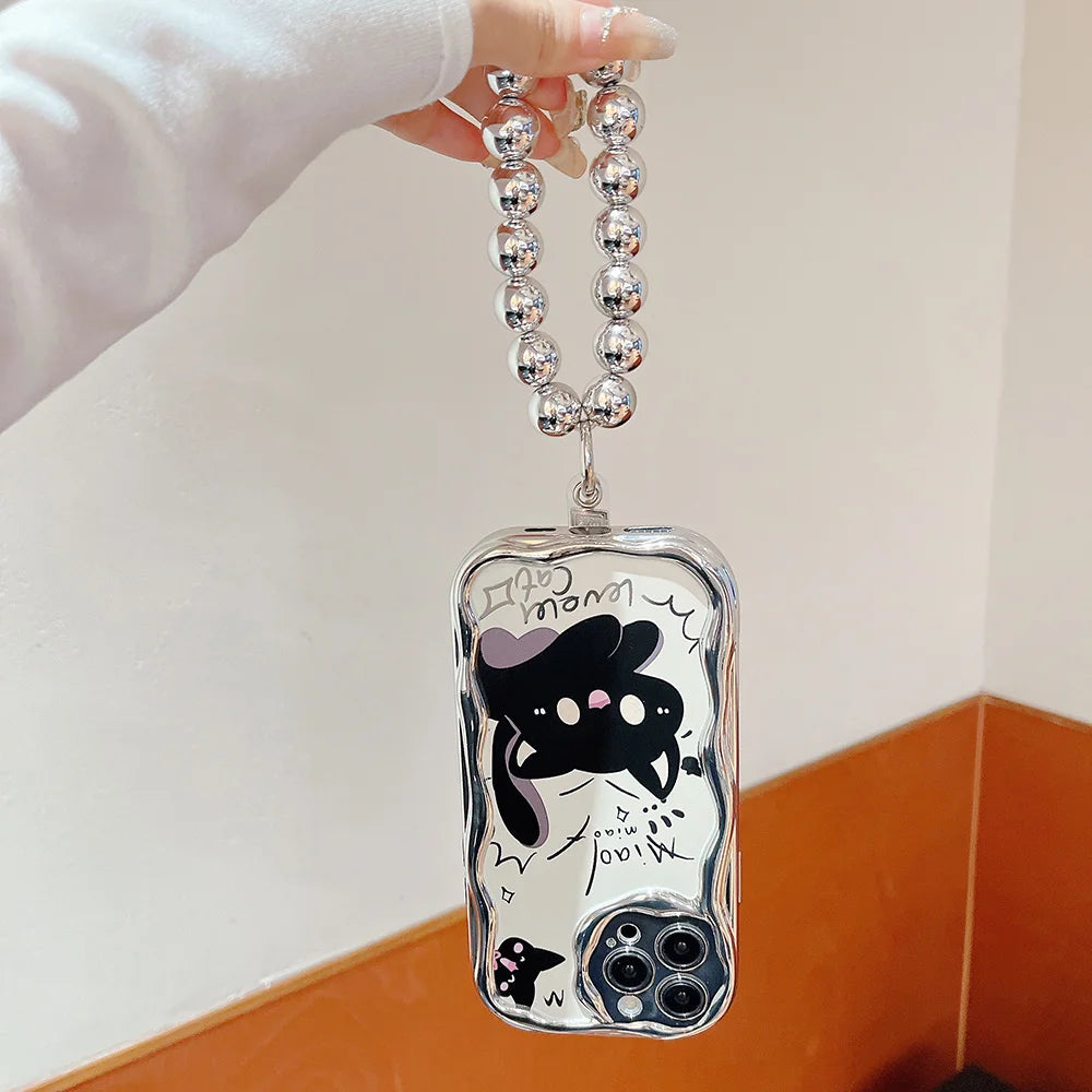 Bead Bracelet Chain Phone Case For iPhone 15 14 13 12 11 Pro Max 14 15 Plus XS Max XR Cute Cat Luxury Plating Silver Cover