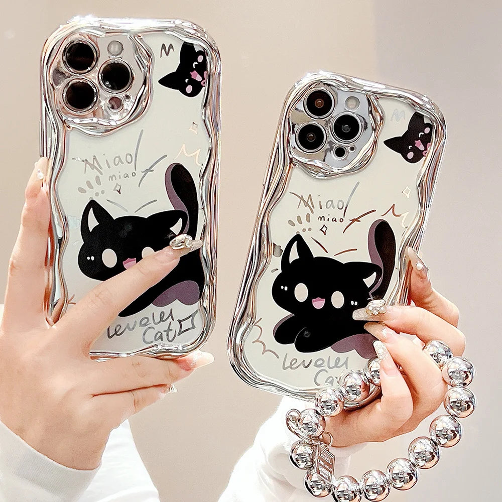 Bead Bracelet Chain Phone Case For iPhone 15 14 13 12 11 Pro Max 14 15 Plus XS Max XR Cute Cat Luxury Plating Silver Cover