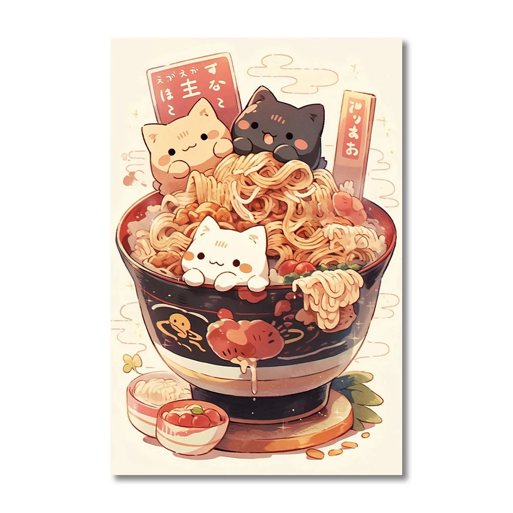 Kawaii Japanese Ramen Animal Cat Posters Canvas Prints Paintings Home Decor Noodles Food Wall Art Poster Kitchen Room Decoration