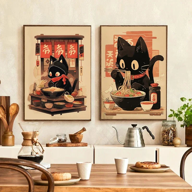 Kawaii Japanese Ramen Animal Cat Posters Canvas Prints Paintings Home Decor Noodles Food Wall Art Poster Kitchen Room Decoration