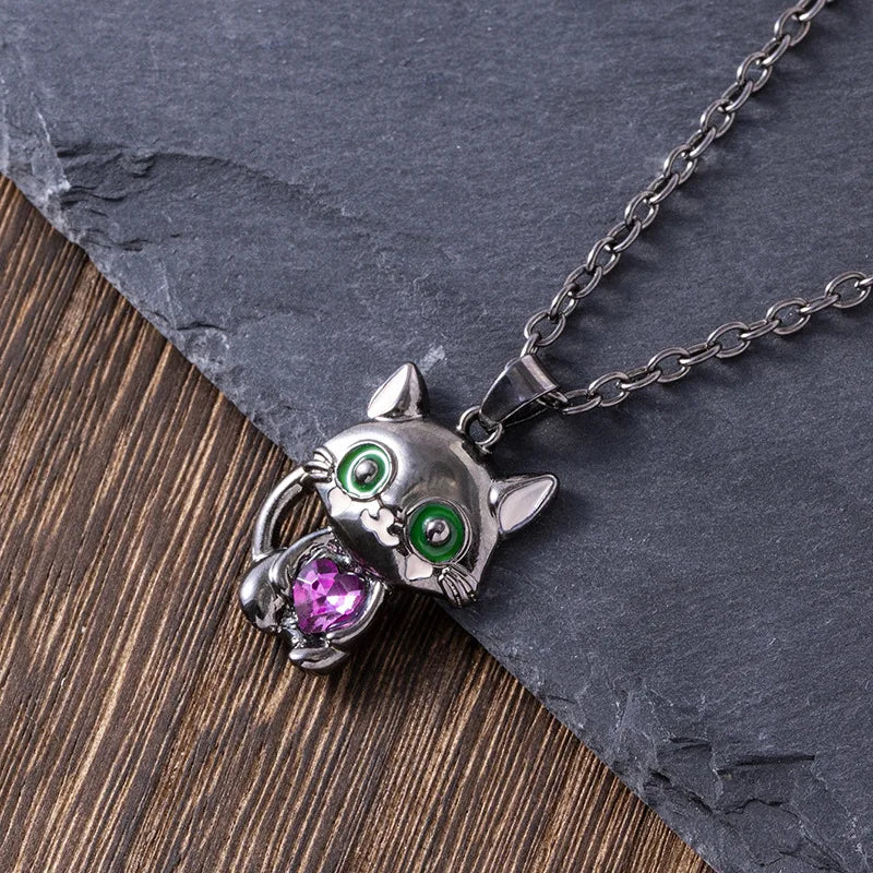 Cartoon Purple Heart Crystal Black Cat Pendant Necklace For Women Men Boys Girls Jewelry Accessories