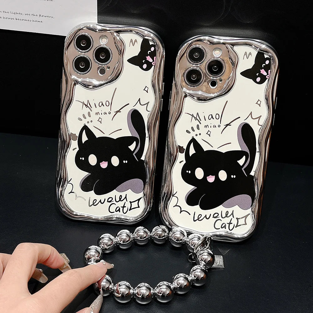 Bead Bracelet Chain Phone Case For iPhone 15 14 13 12 11 Pro Max 14 15 Plus XS Max XR Cute Cat Luxury Plating Silver Cover