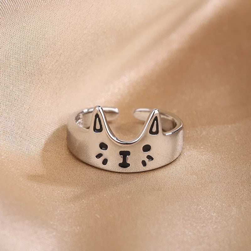 New Fashion Silver Color Open Finger Rings Cat Love Fish Moon Stone Pink Animal For Women Girl Jewelry Gift Dropship