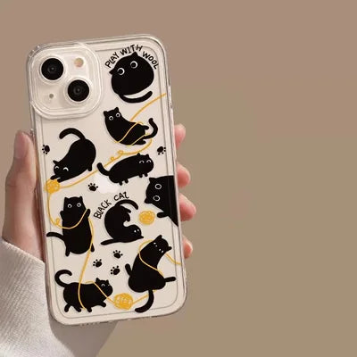 Transparent Phone Case for iPhone 13 15 Cover for 12 11 14 Pro Max 13 12Mini X XS XR SE 14 Plus Cartoon Black Cat Shells Fundas