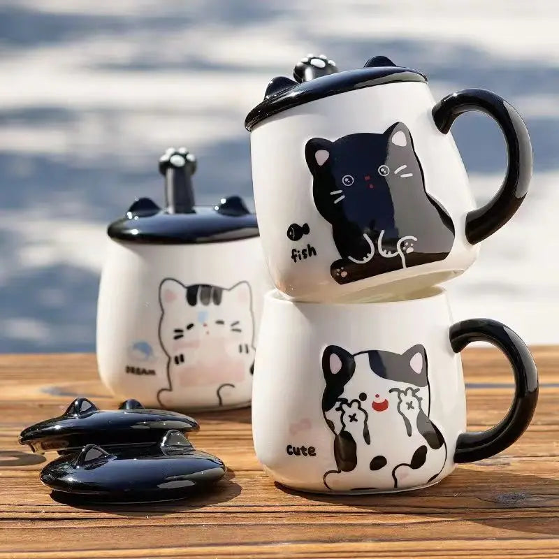 Pink White Black Cat Ceramic Mugs with Lids Spoons Cute Girl Heart Couple Coffee Cups Holiday Gifts Drinkware Water Bottle