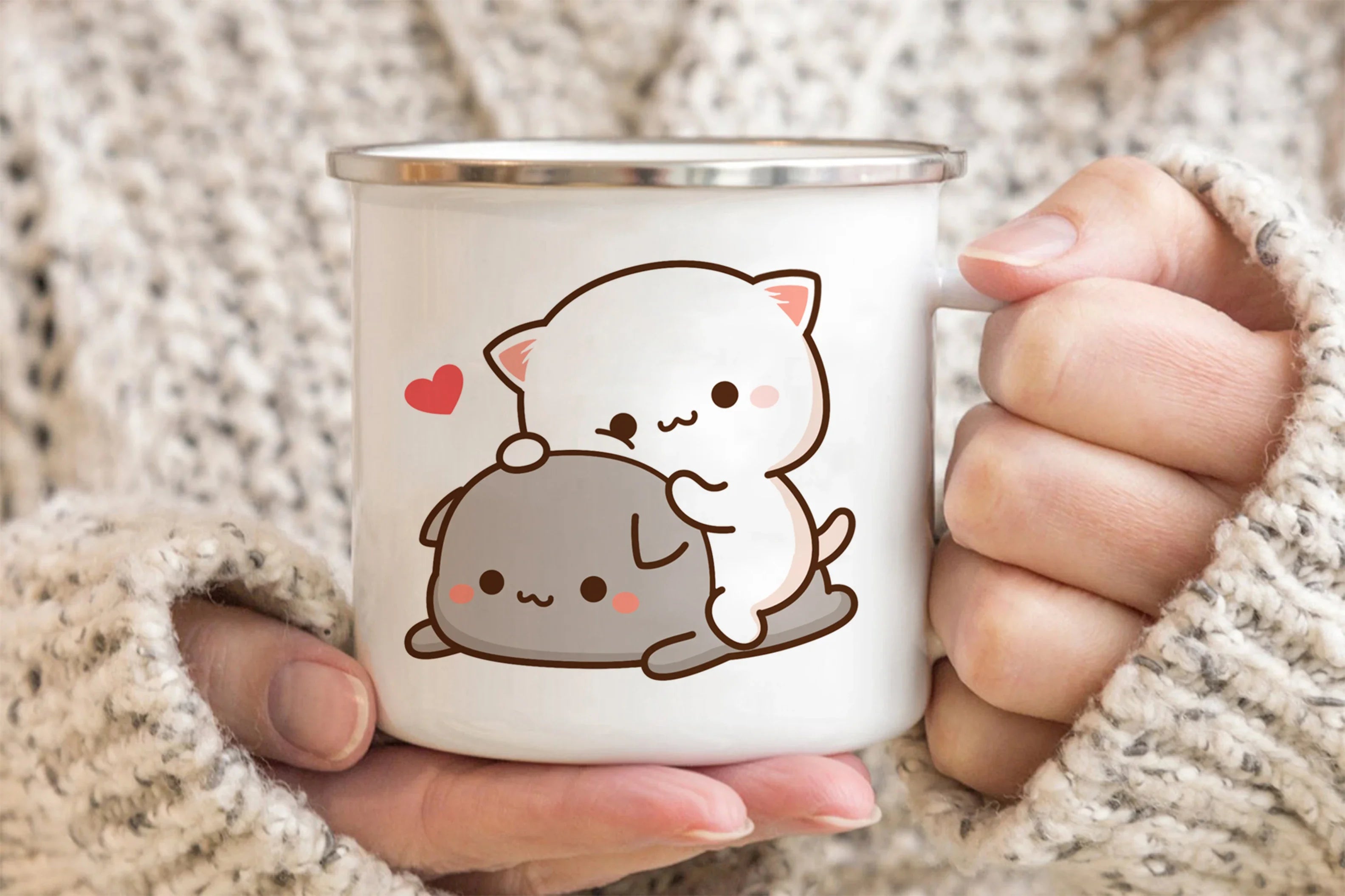 New Peach and Goma cat Enamel cup Coffee tea Mug cute animal Breakfast Dessert milk water cup couple gift