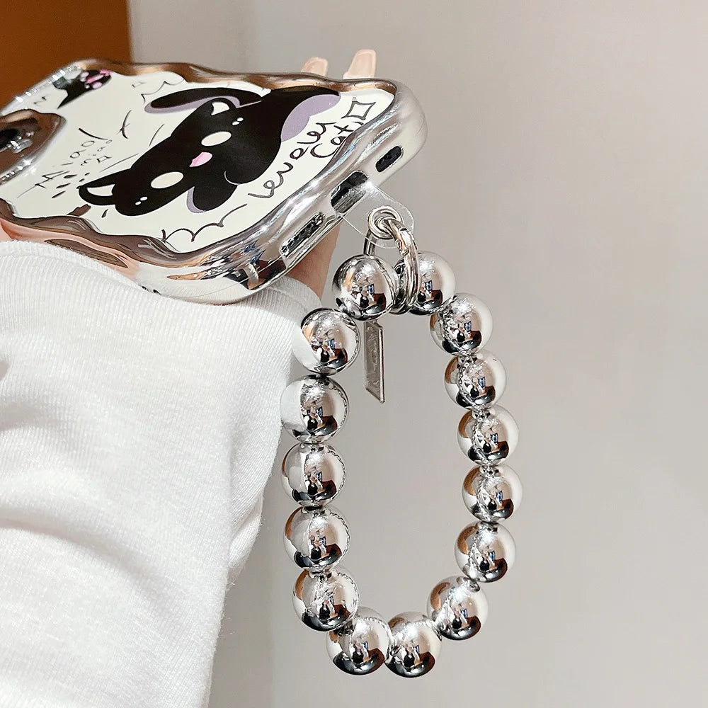 Bead Bracelet Chain Phone Case For iPhone 15 14 13 12 11 Pro Max 14 15 Plus XS Max XR Cute Cat Luxury Plating Silver Cover