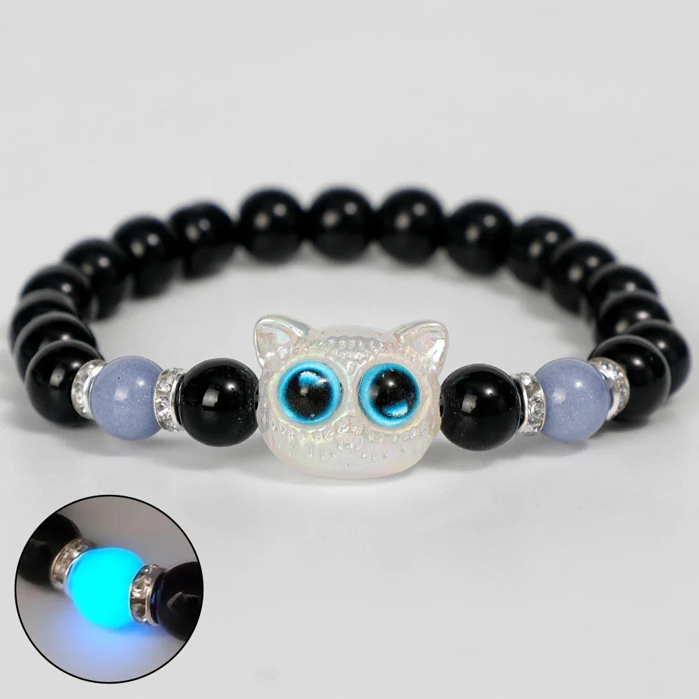 Cute Big Eye Cat Luminous Bracelets For Women Cartoon Animal Pendant Beaded Hand Chain Friendship Couple Bracelet Jewelry Gift