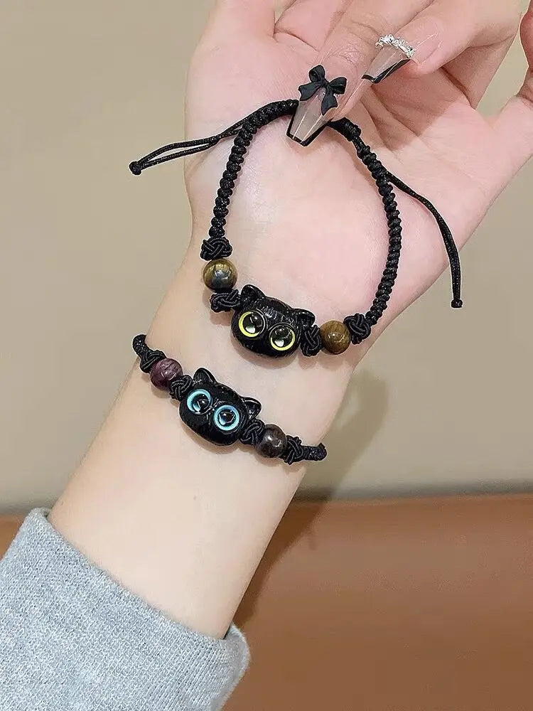 Charm Cat Head Bracelets Couple Little Demon Owl Braided Rope Beads Wrist Bracelet Black Crystal Handmade Jewelry Friendship