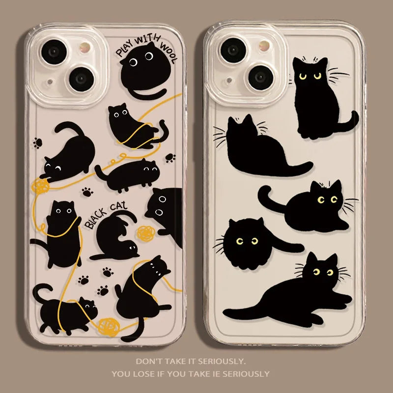 Transparent Phone Case for iPhone 13 15 Cover for 12 11 14 Pro Max 13 12Mini X XS XR SE 14 Plus Cartoon Black Cat Shells Fundas