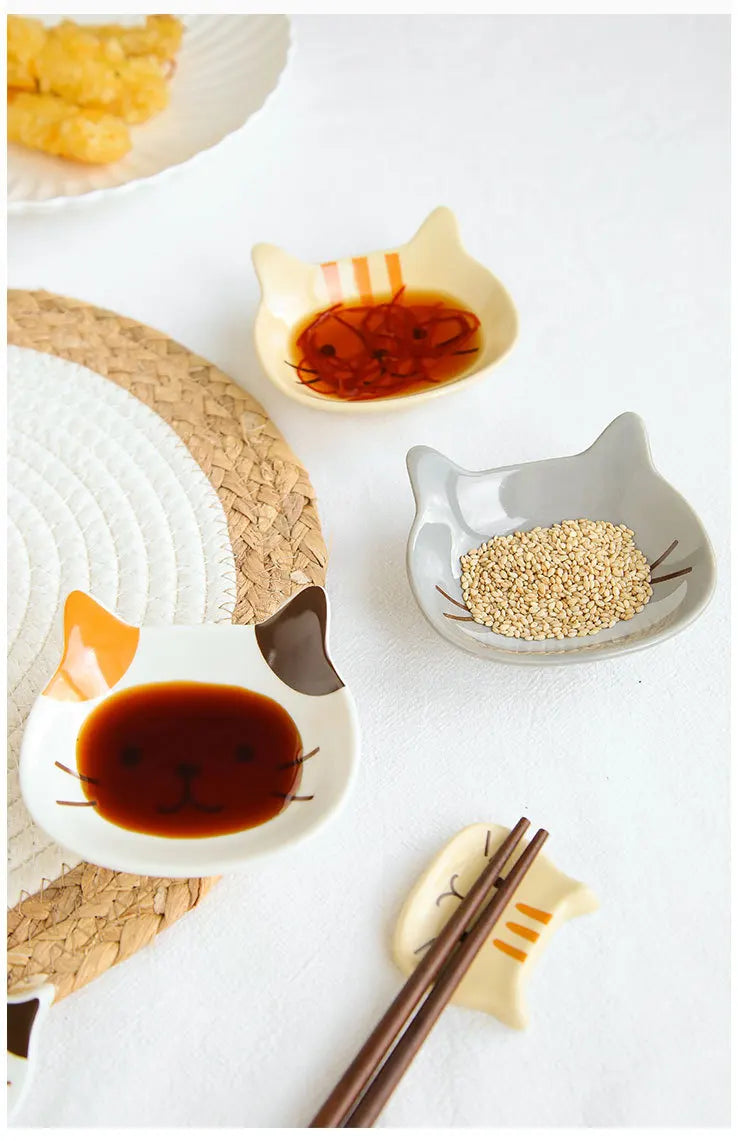 Japanese Cute Cat Dish Creative Ceramic Seasoning Dish Porcelain Dipping Saucer Plate Snack Plate Kitchen Supplies Tableware