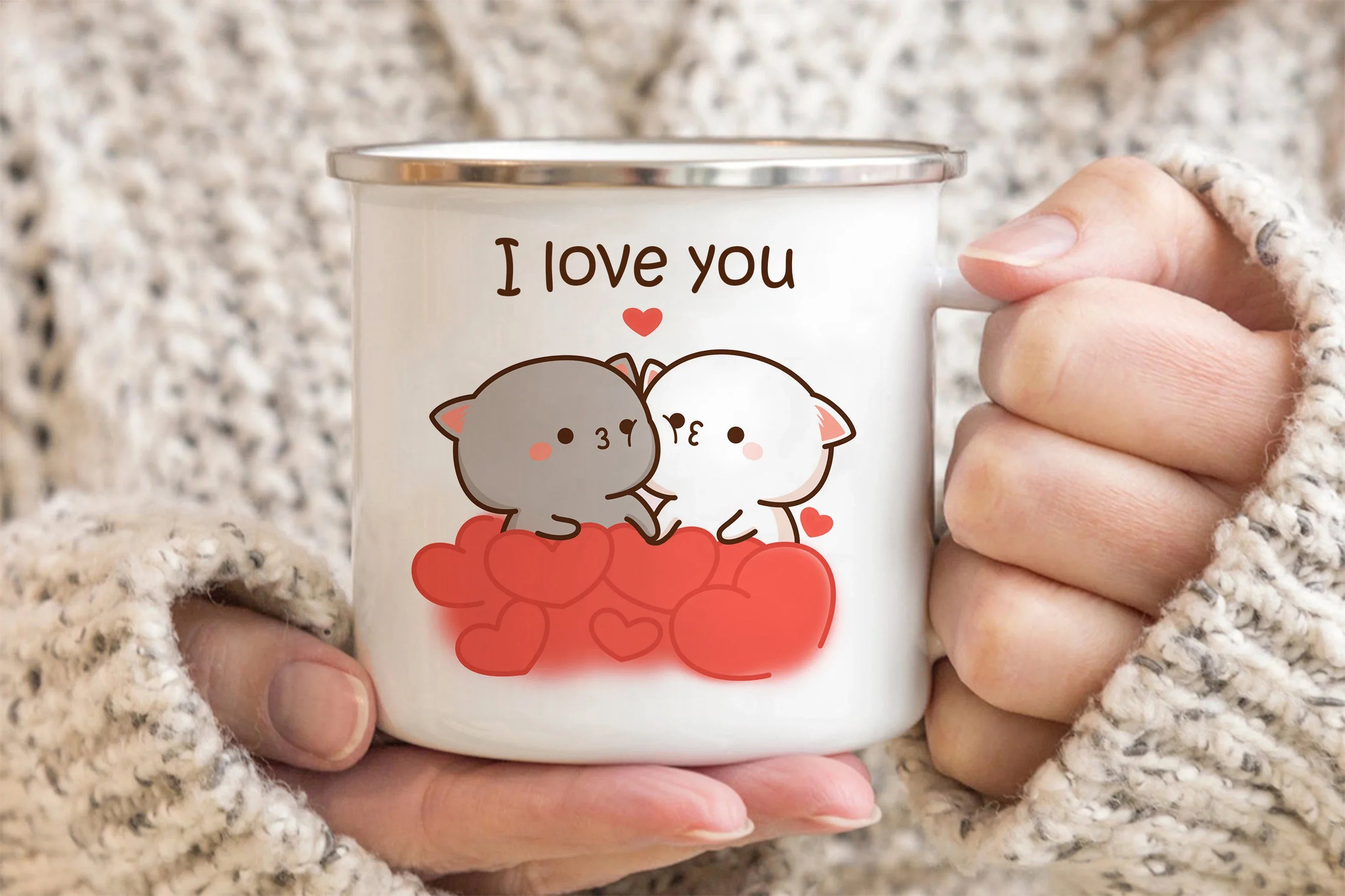 New Peach and Goma cat Enamel cup Coffee tea Mug cute animal Breakfast Dessert milk water cup couple gift