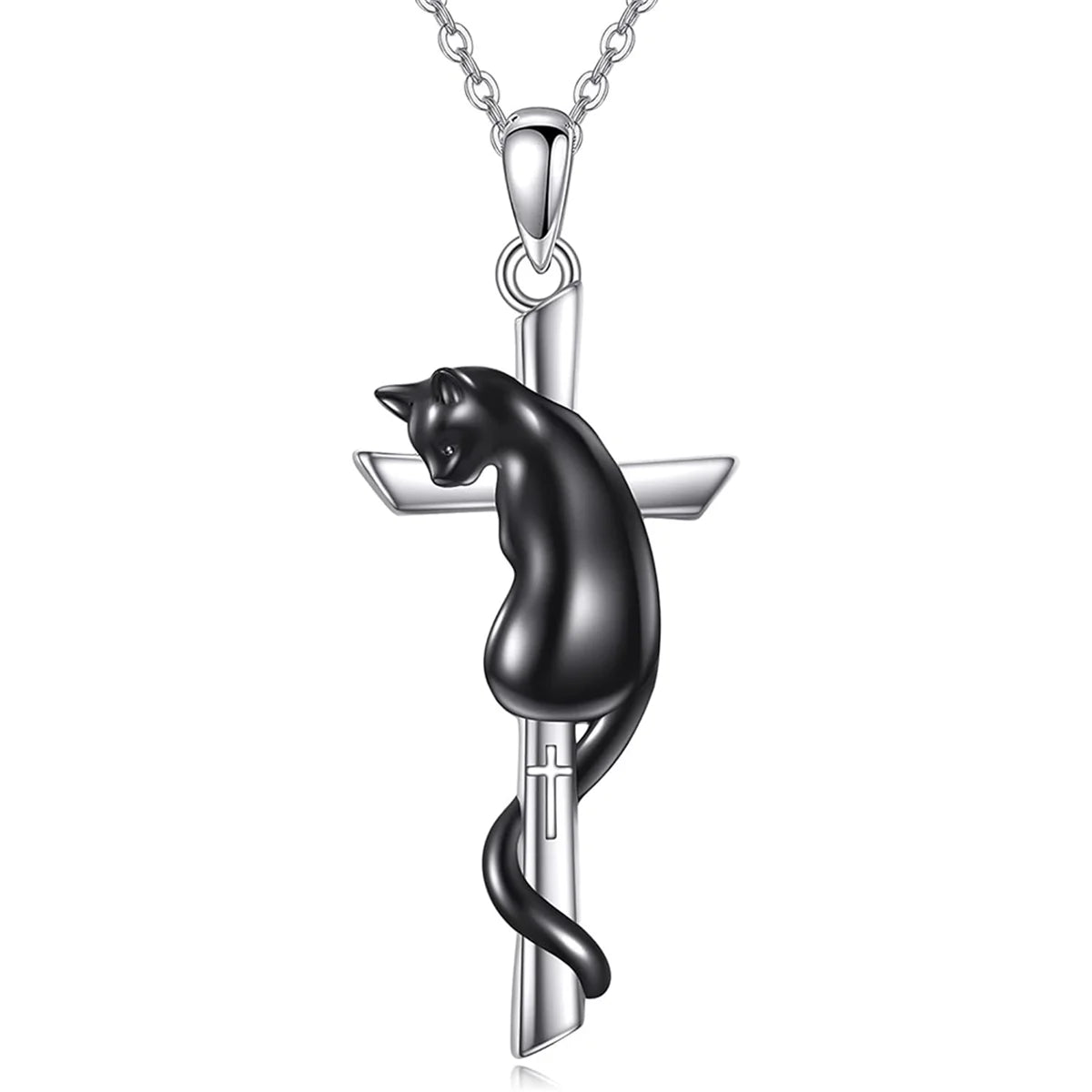 Exquisite Cool Black Cat Cross Pendant Men's and Women's Necklace Stainless Steel Chain Perfect Anniversary Party Gift Jewelry