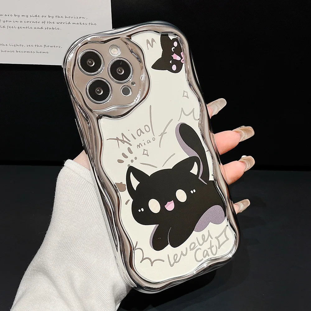 Bead Bracelet Chain Phone Case For iPhone 15 14 13 12 11 Pro Max 14 15 Plus XS Max XR Cute Cat Luxury Plating Silver Cover