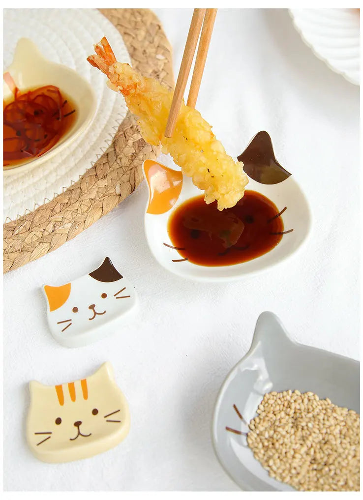 Japanese Cute Cat Dish Creative Ceramic Seasoning Dish Porcelain Dipping Saucer Plate Snack Plate Kitchen Supplies Tableware