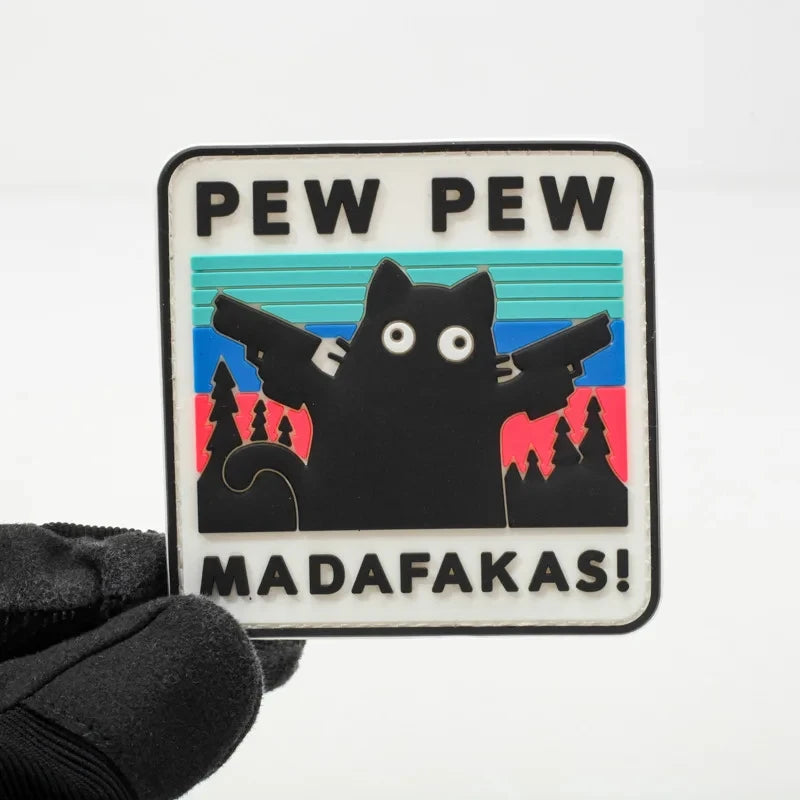 Pew Pew Madafakas Tactical Patches Fun Embroidery Hook&Loop Patch Military Double Spear Black Cat Morale Badge Backpack Stickers