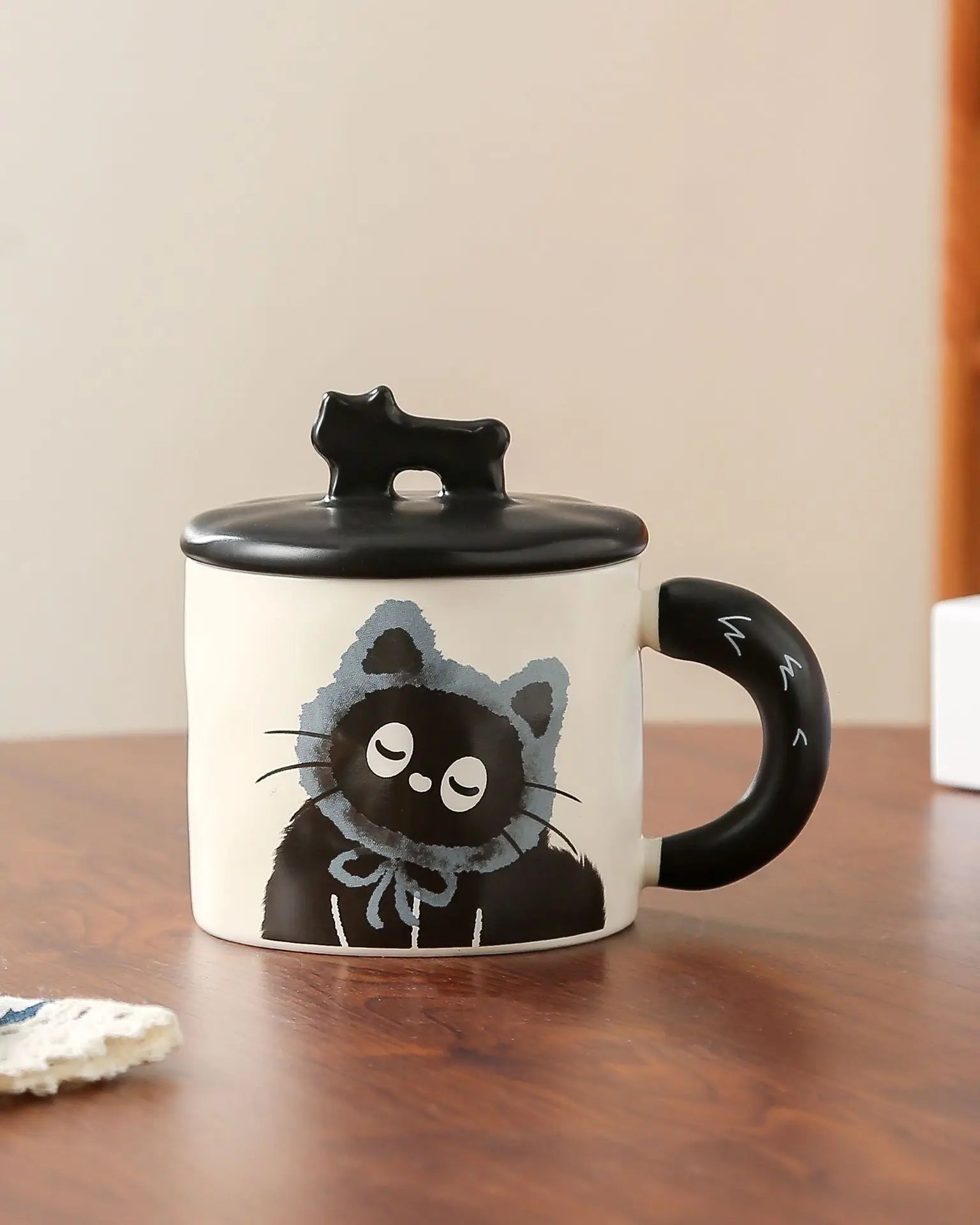 Cartoon Cat Mug with Lid Drinkware Cute Ceramic Coffee Cups Office Home Kitchen Dining Supplies