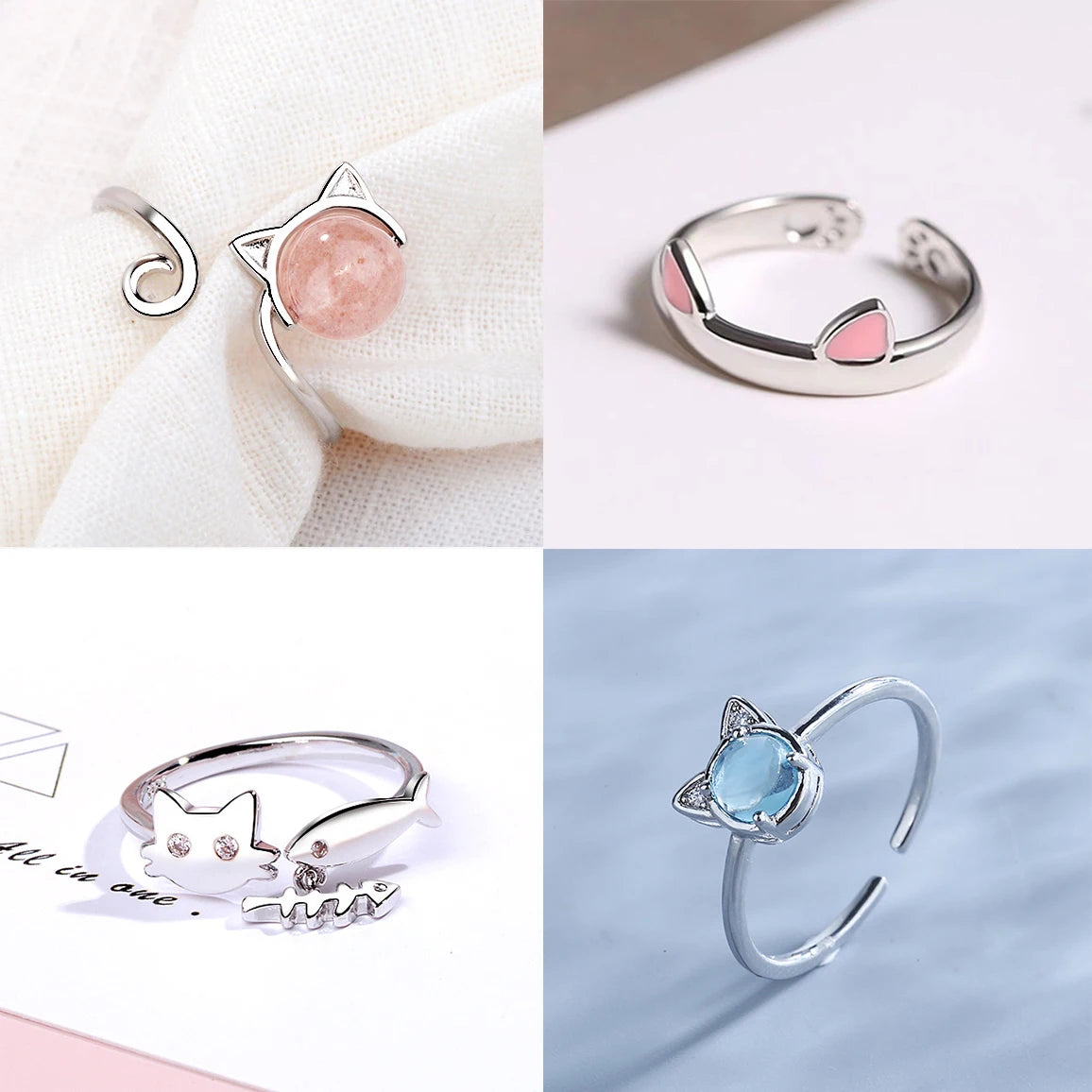 New Fashion Silver Color Open Finger Rings Cat Love Fish Moon Stone Pink Animal For Women Girl Jewelry Gift Dropship