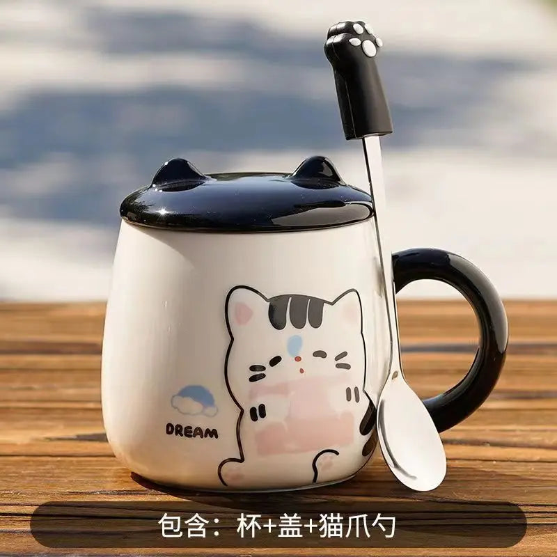 Pink White Black Cat Ceramic Mugs with Lids Spoons Cute Girl Heart Couple Coffee Cups Holiday Gifts Drinkware Water Bottle