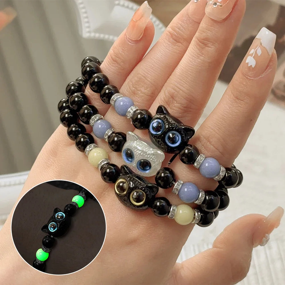 Cute Big Eye Cat Luminous Bracelets For Women Cartoon Animal Pendant Beaded Hand Chain Friendship Couple Bracelet Jewelry Gift