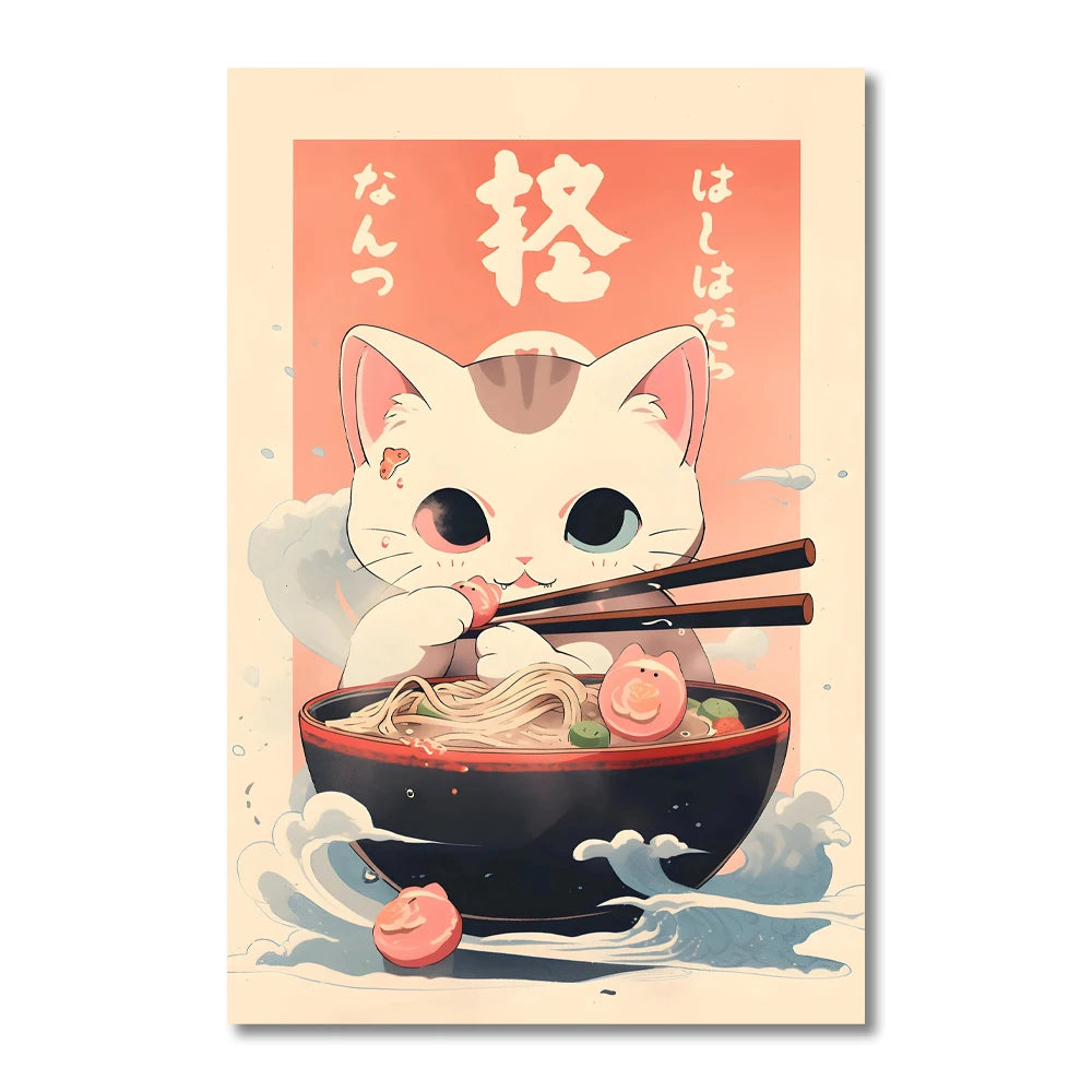 Kawaii Japanese Ramen Animal Cat Posters Canvas Prints Paintings Home Decor Noodles Food Wall Art Poster Kitchen Room Decoration