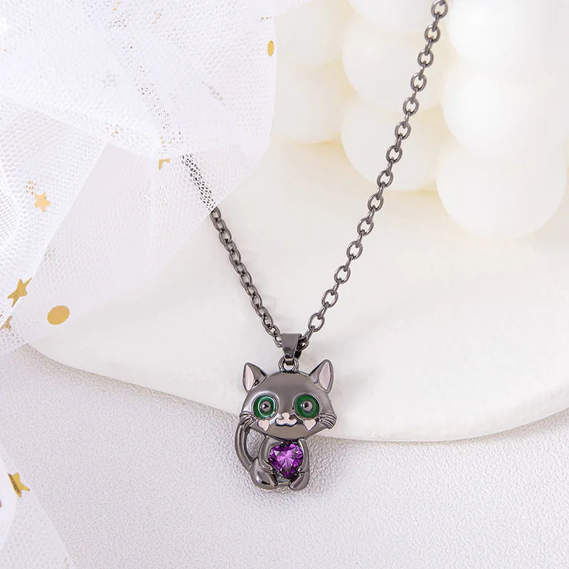 Cartoon Purple Heart Crystal Black Cat Pendant Necklace For Women Men Boys Girls Jewelry Accessories