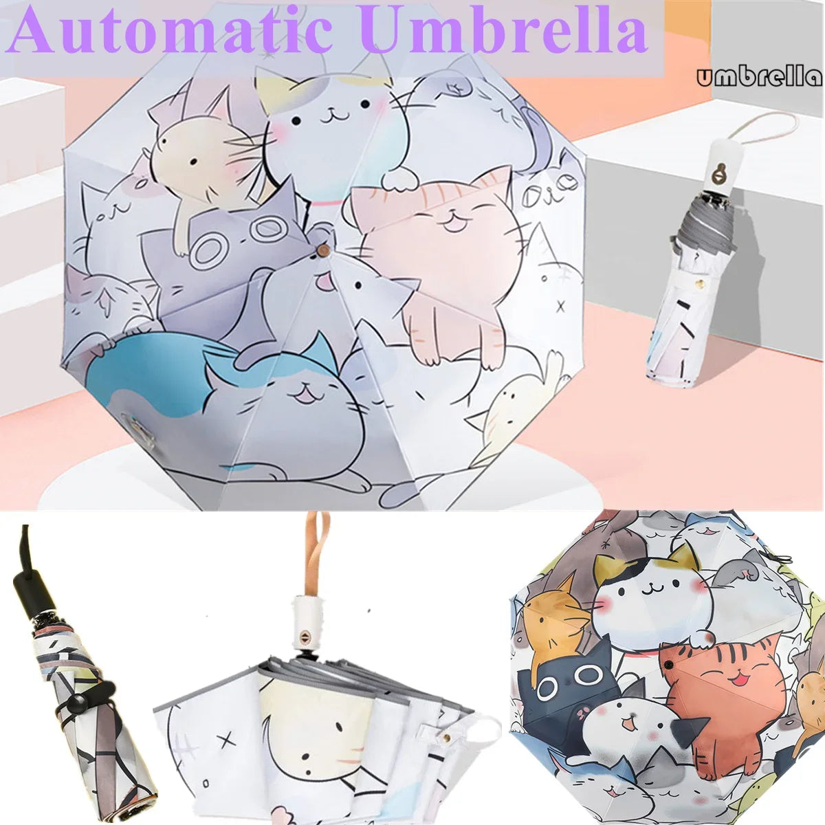 Kids Cute cartoon cat Umbrella Automatic Open Umbrella Cartoon Waterproof and UV,Travel Umbrella Compact Windproof for Girl Boys