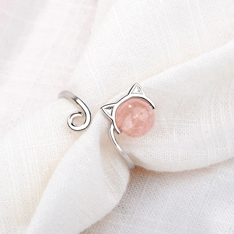 New Fashion Silver Color Open Finger Rings Cat Love Fish Moon Stone Pink Animal For Women Girl Jewelry Gift Dropship