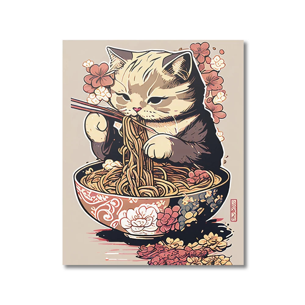 Kawaii Japanese Ramen Animal Cat Posters Canvas Prints Paintings Home Decor Noodles Food Wall Art Poster Kitchen Room Decoration