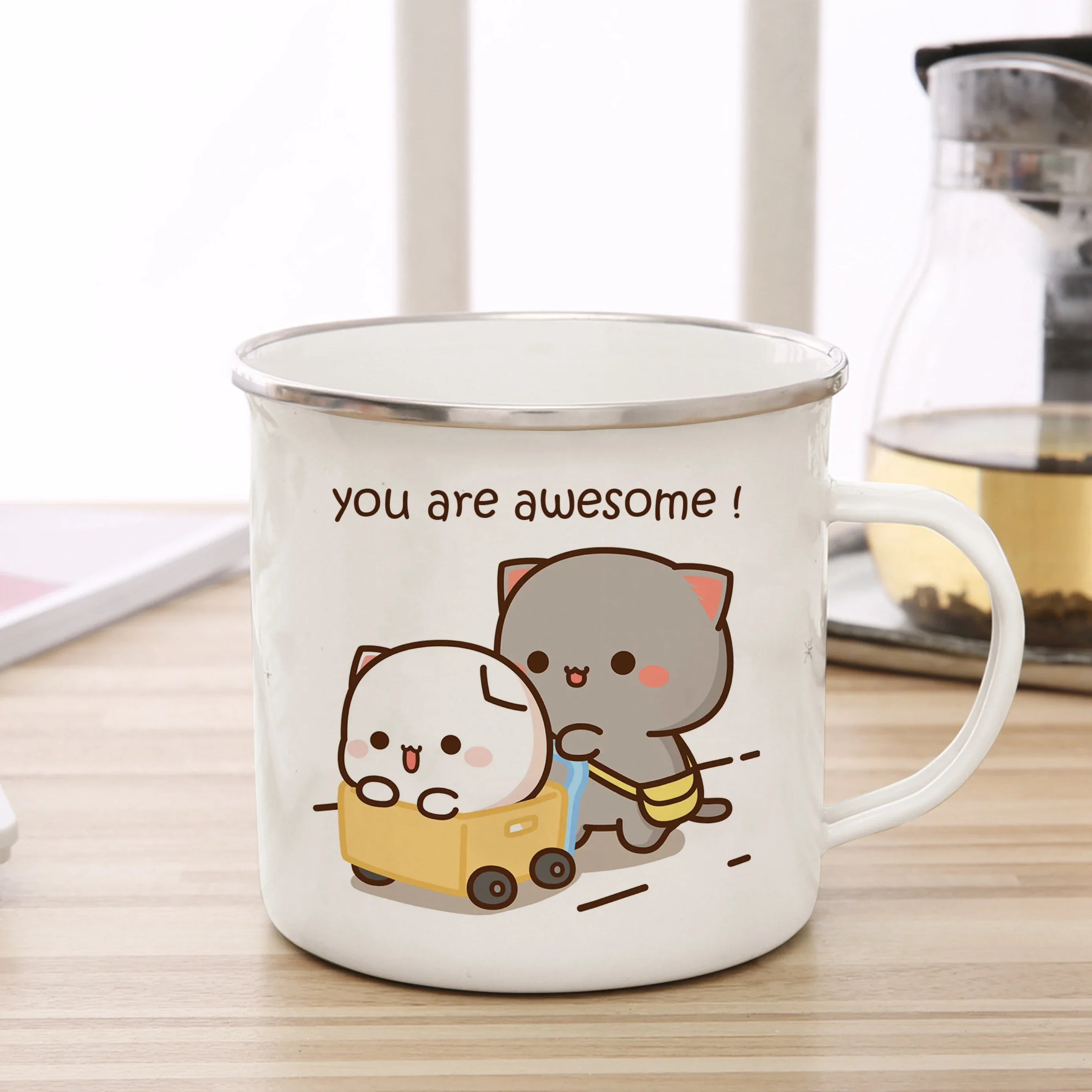 New Peach and Goma cat Enamel cup Coffee tea Mug cute animal Breakfast Dessert milk water cup couple gift