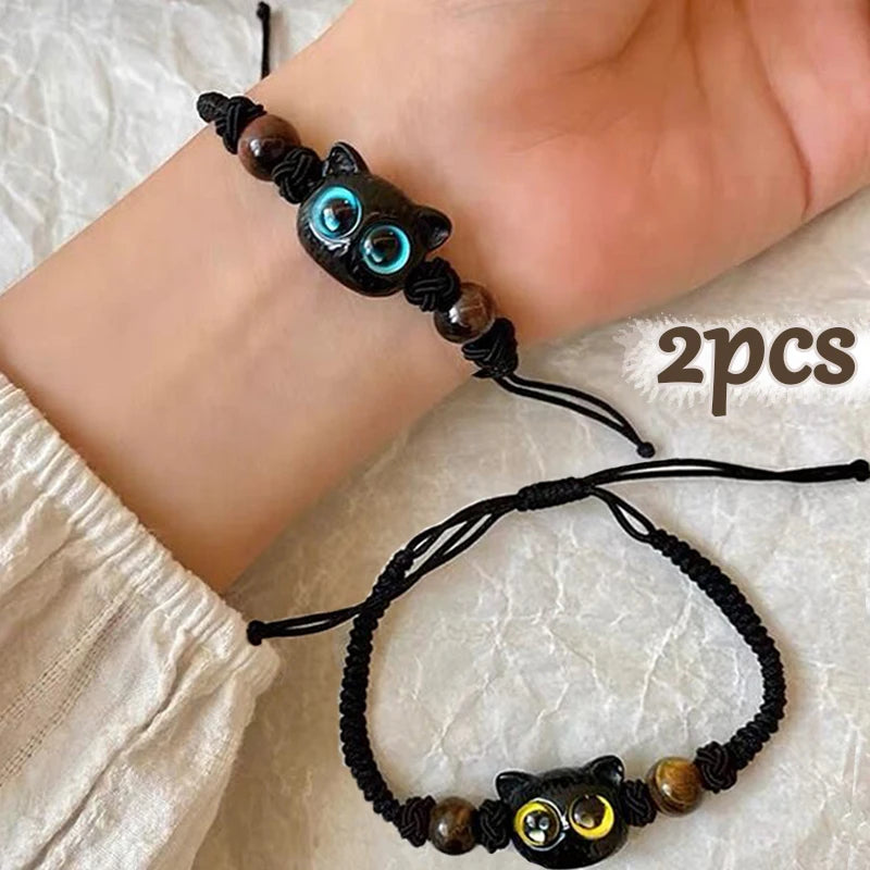 Charm Cat Head Bracelets Couple Little Demon Owl Braided Rope Beads Wrist Bracelet Black Crystal Handmade Jewelry Friendship