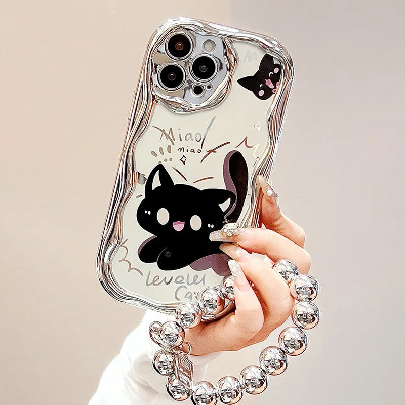 Bead Bracelet Chain Phone Case For iPhone 15 14 13 12 11 Pro Max 14 15 Plus XS Max XR Cute Cat Luxury Plating Silver Cover