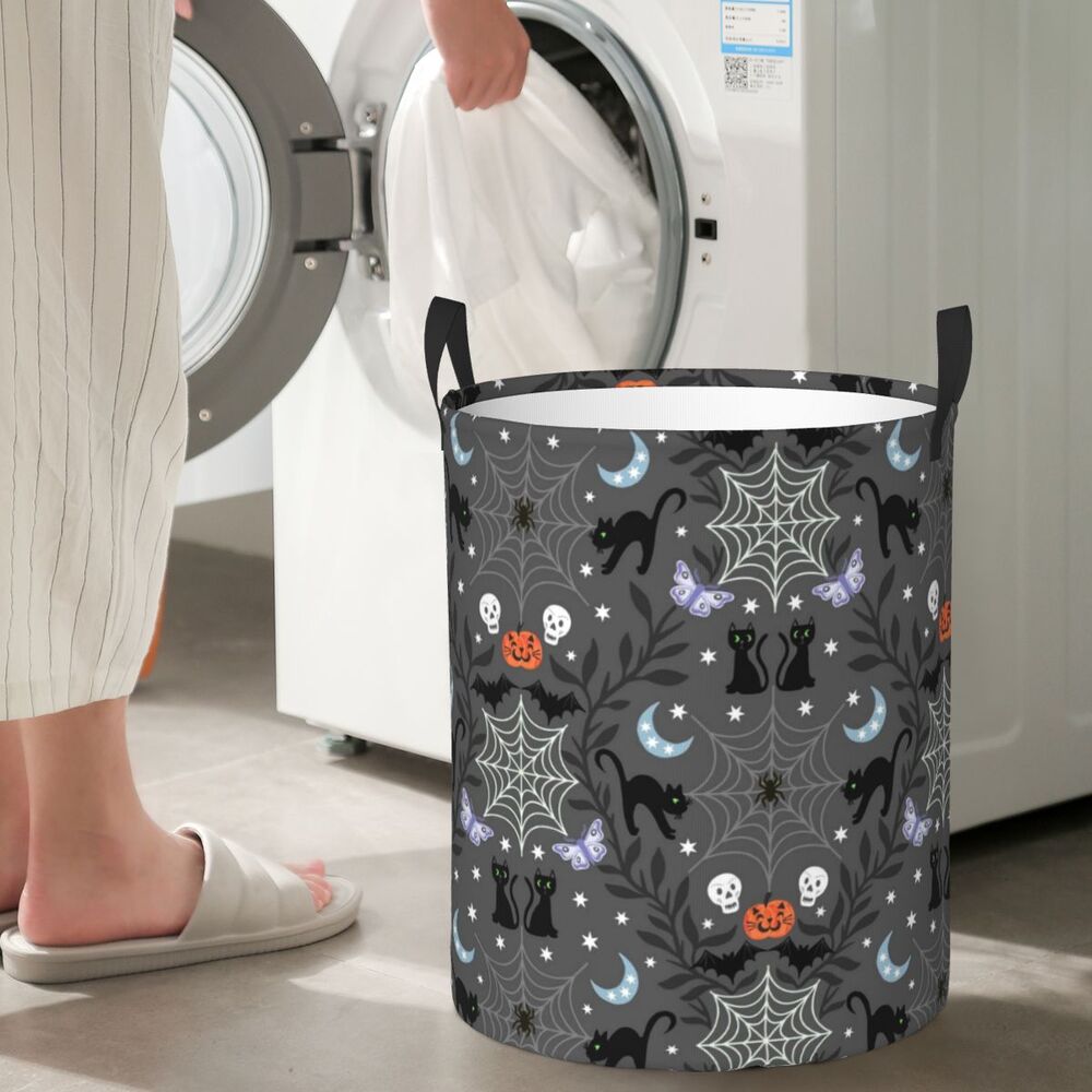 Custom Halloween Black Cat Skull Laundry Hamper Large Storage Basket Gothic Witch Girls Boys Toy Organizer