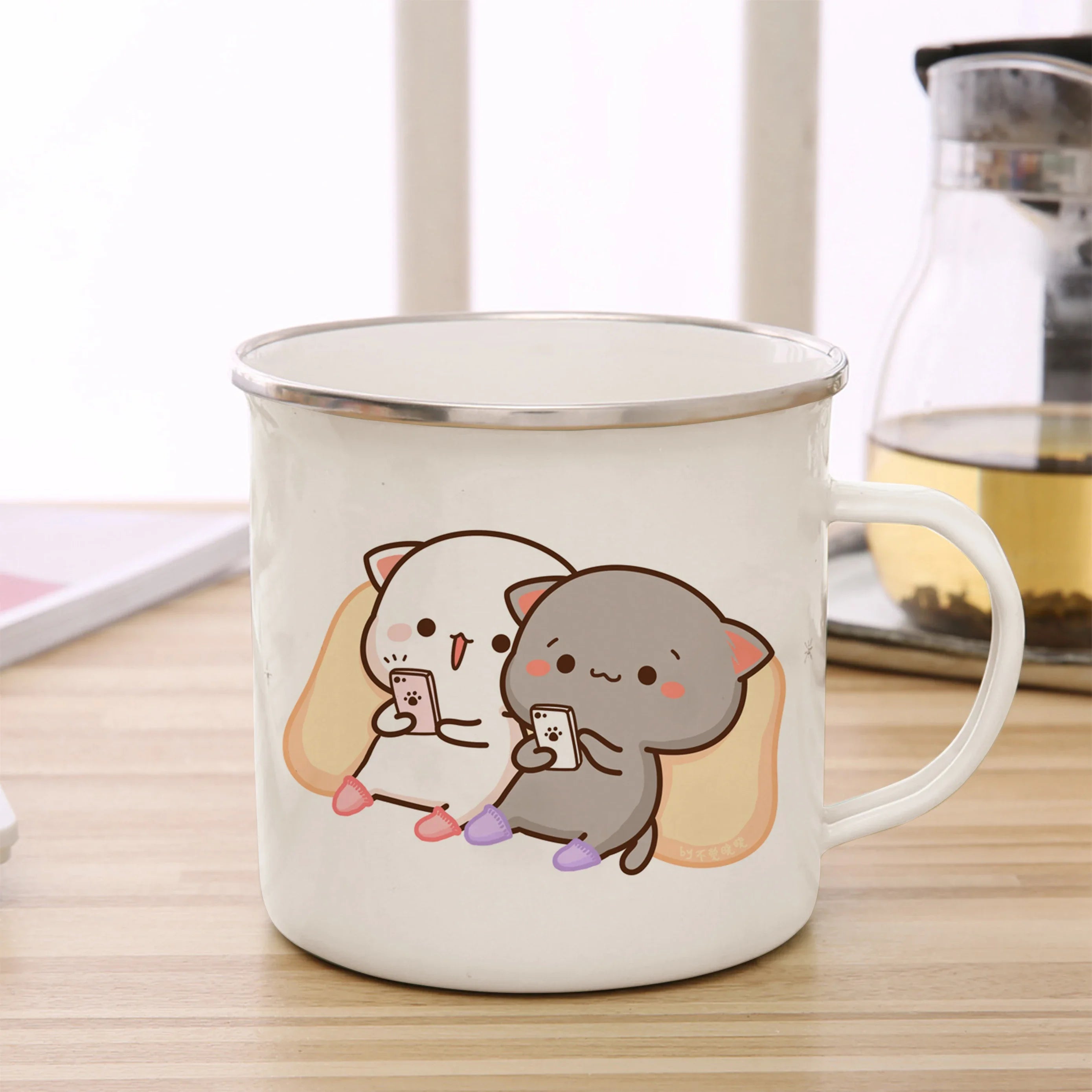 New Peach and Goma cat Enamel cup Coffee tea Mug cute animal Breakfast Dessert milk water cup couple gift