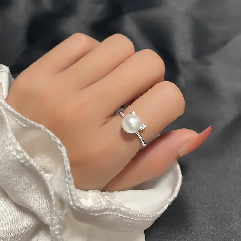 New Fashion Silver Color Open Finger Rings Cat Love Fish Moon Stone Pink Animal For Women Girl Jewelry Gift Dropship