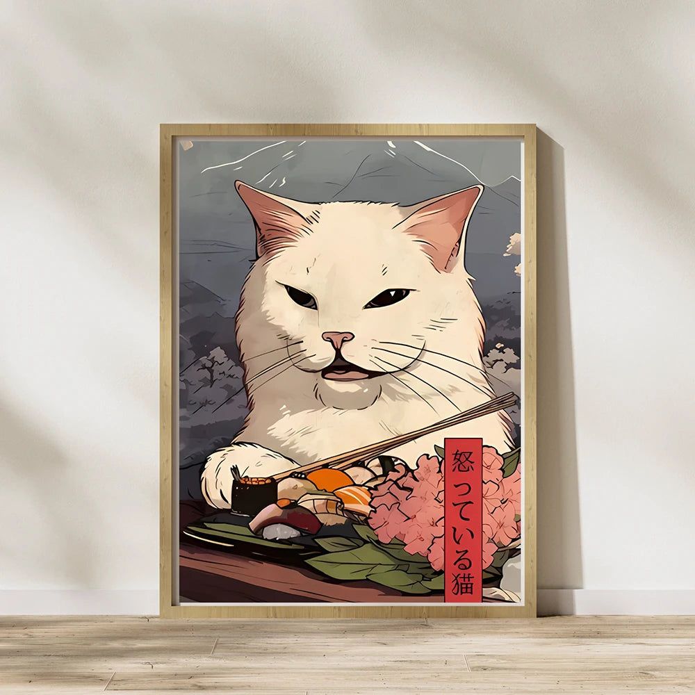 Kawaii Japanese Ramen Animal Cat Posters Canvas Prints Paintings Home Decor Noodles Food Wall Art Poster Kitchen Room Decoration