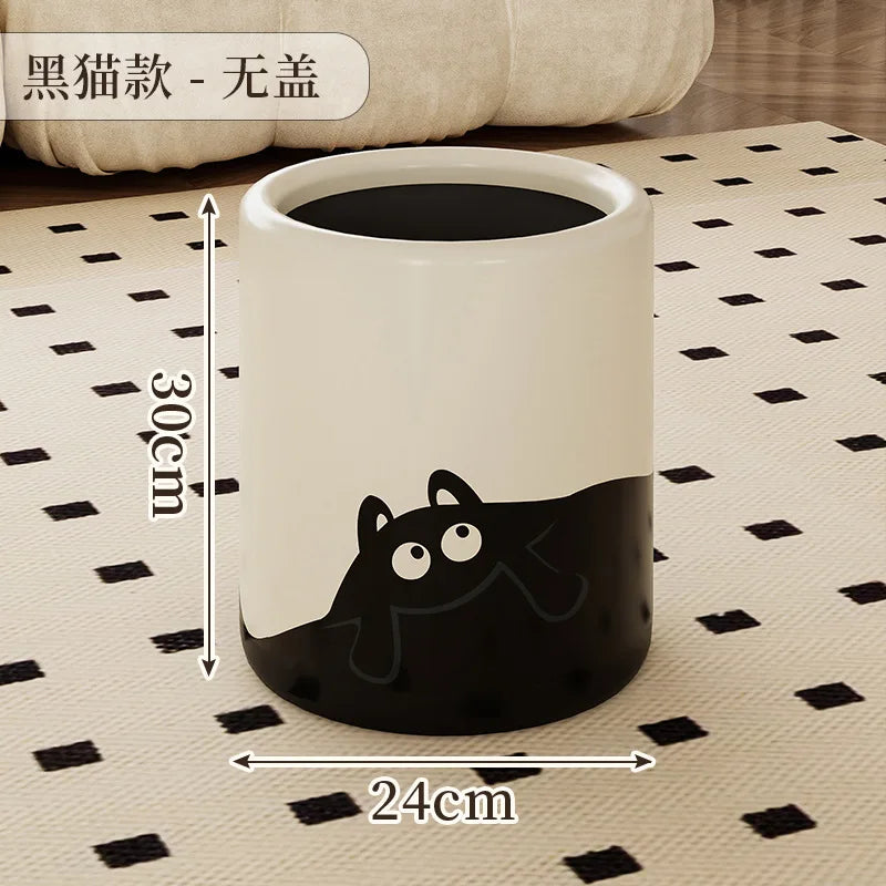 12L Black Cat/Ripple Style Trash Can High-capacity Bathroom Trash Bin Waterproof Wastebasket with Lid Living Room Lovely Dustbin