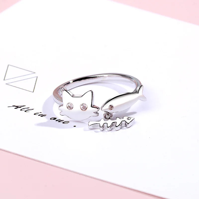 New Fashion Silver Color Open Finger Rings Cat Love Fish Moon Stone Pink Animal For Women Girl Jewelry Gift Dropship