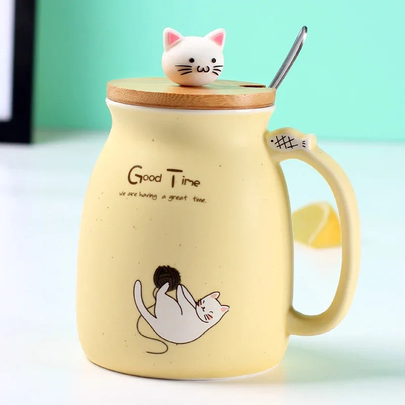 Creative color cat heat-resistant Mug cartoon with lid 450ml cup kitten coffee ceramic mugs children cup office Drinkware gift