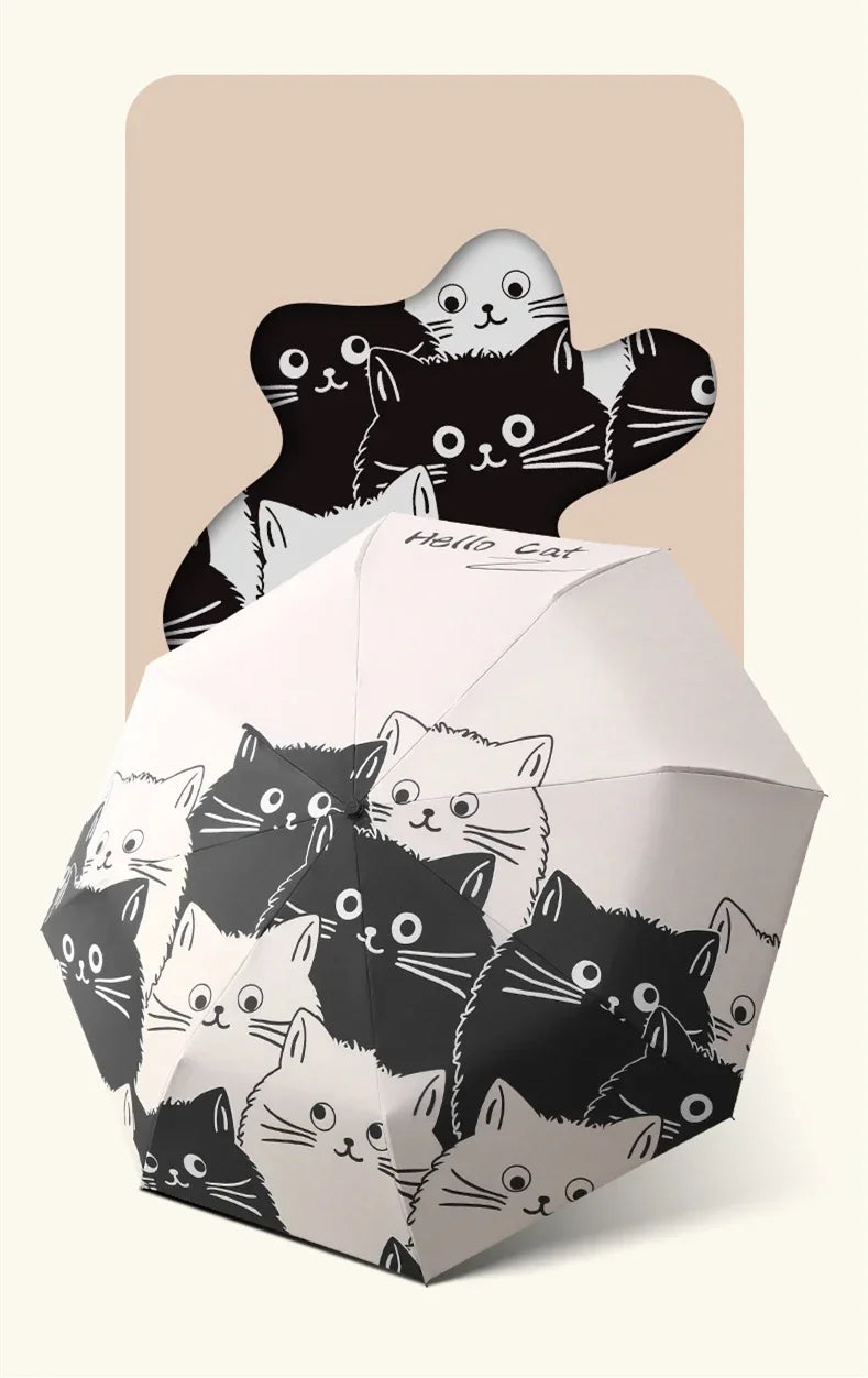 1pc Simple Cartoon Kittens Printed Black And White Automatic Umbrella, Sunny And Rainy Dual-use UV Protection Umbrella