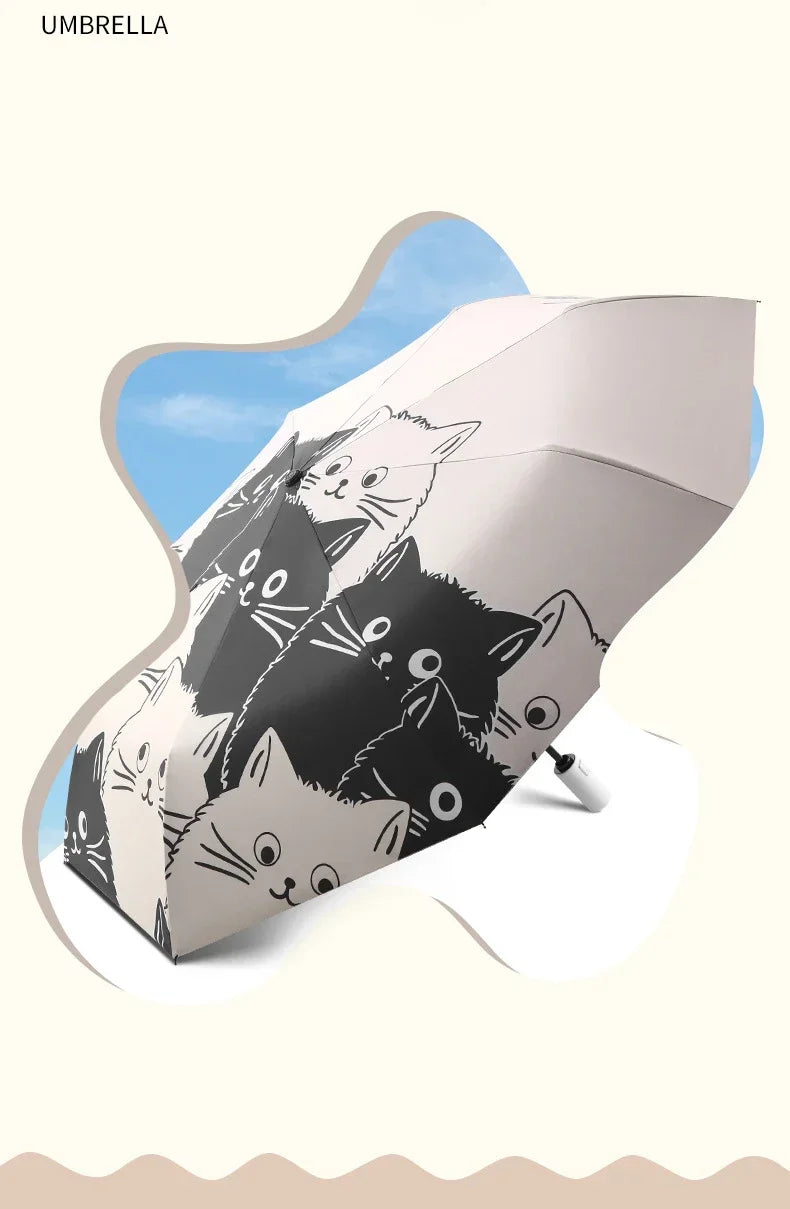 1pc Simple Cartoon Kittens Printed Black And White Automatic Umbrella, Sunny And Rainy Dual-use UV Protection Umbrella