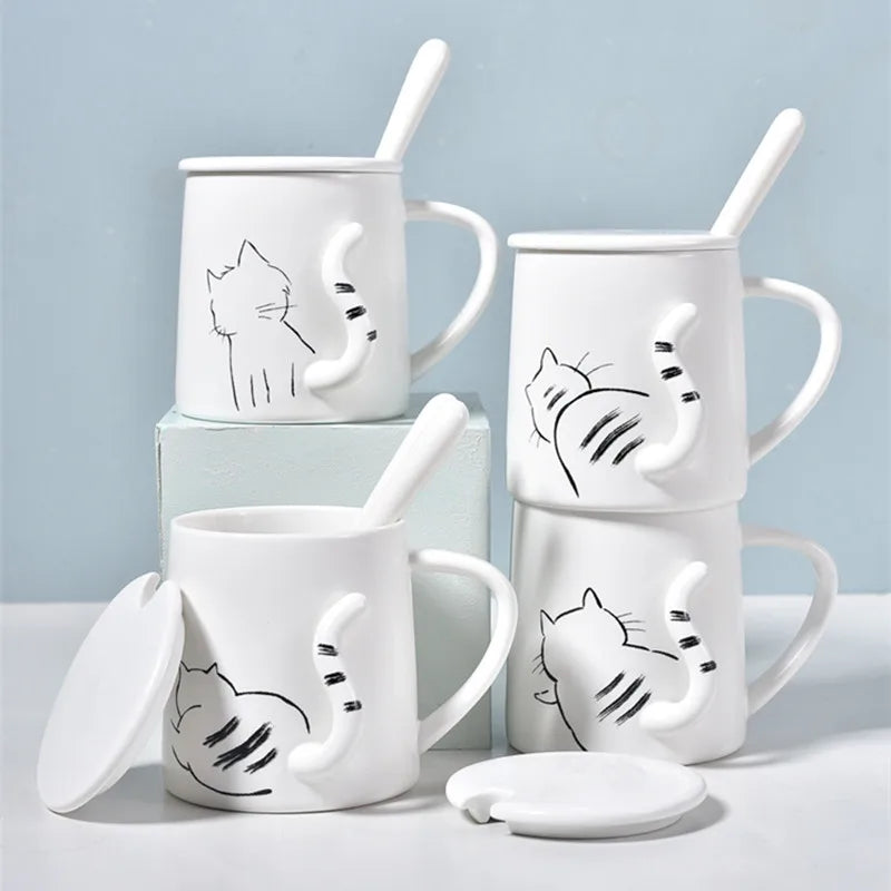 380ml Cute Cat Ceramic Mug With Spoon And Lid Creative Relief Coffee Tea Milk Breakfast Cups With Handle Novelty Gifts