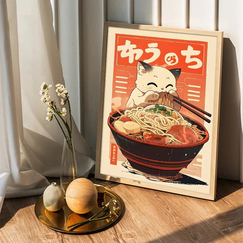 Kawaii Japanese Ramen Animal Cat Posters Canvas Prints Paintings Home Decor Noodles Food Wall Art Poster Kitchen Room Decoration