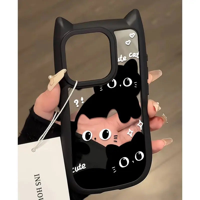 New Cute Black Ball Kitten Cat Ears Phone Case For iPhone 15 14 13 12 Pro Max 11 12 Pro 7 8 PLUS Clear Silica Gel Anti Drop Case